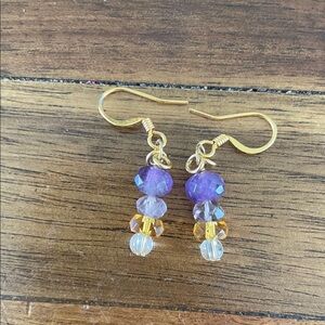 Gold Tone Purple and Amber Faceted Bead Drop Earrings